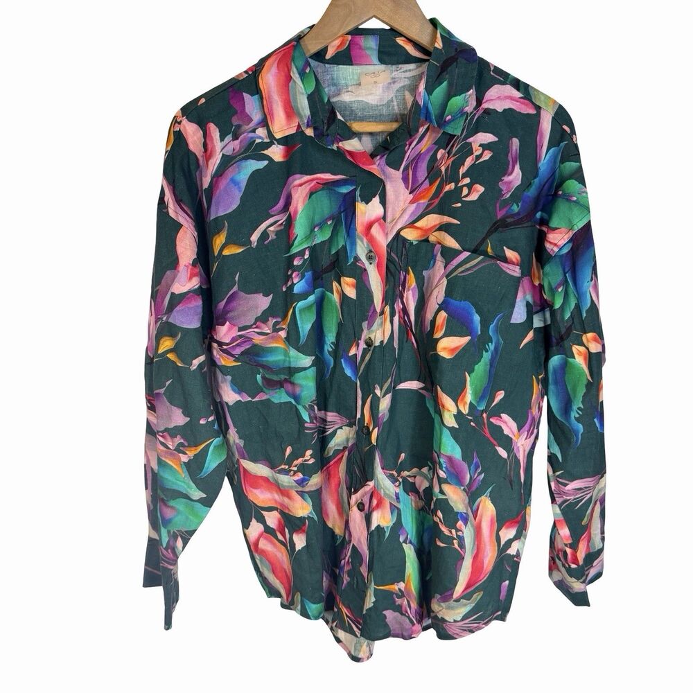 Calia Linen Blend Top Women's Small Green Floral Long Sleeve Tunic L/S Button Up